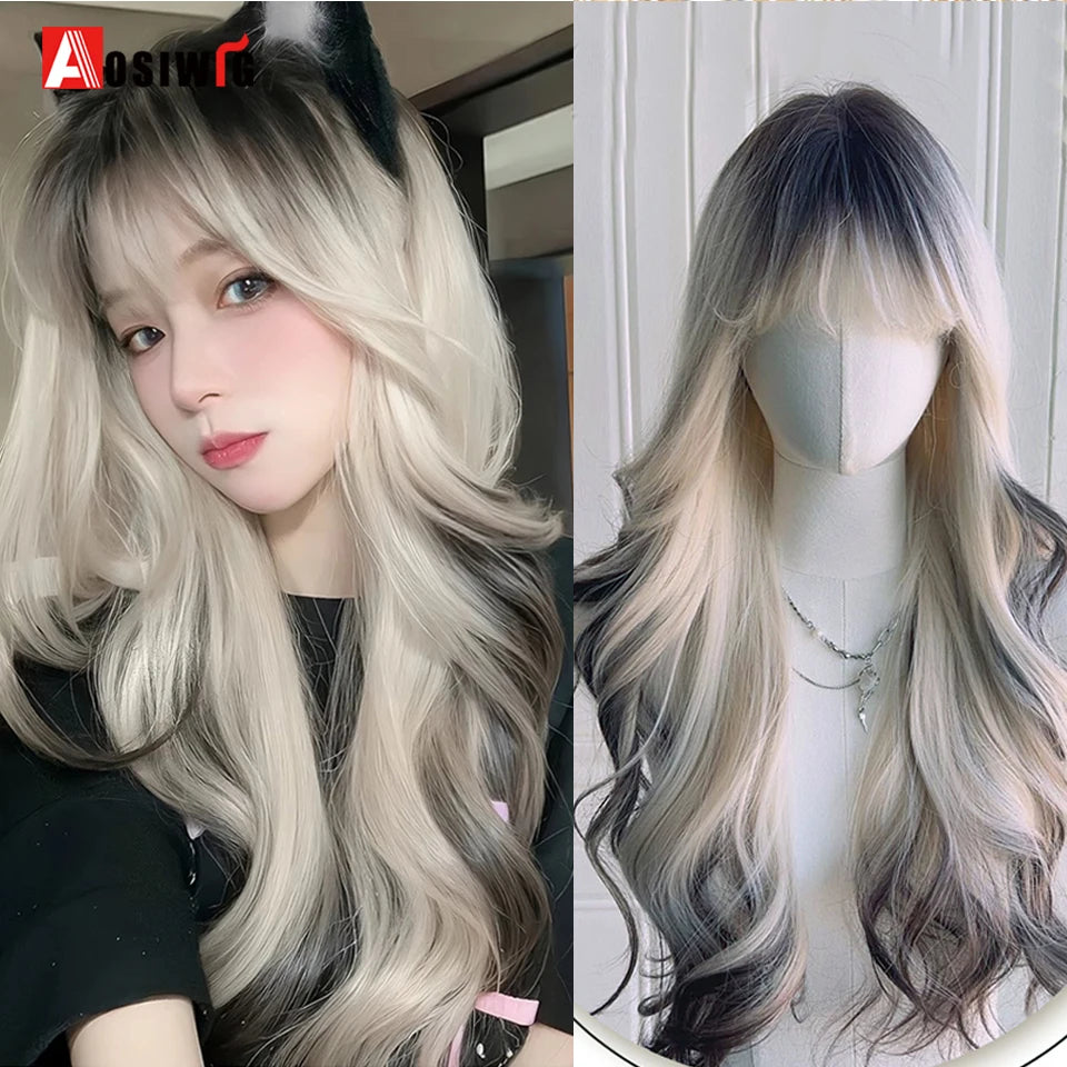 AOSIWIG Y2k Synthetic Long Straight Lolita Harajuku Wig With Bangs Black Blue Daily Cosplay Party Hair