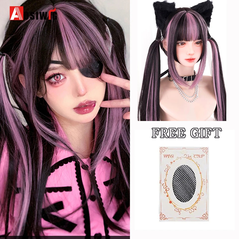 AOSIWIG Y2k Synthetic Long Straight Lolita Harajuku Wig With Bangs Black Blue Daily Cosplay Party Hair