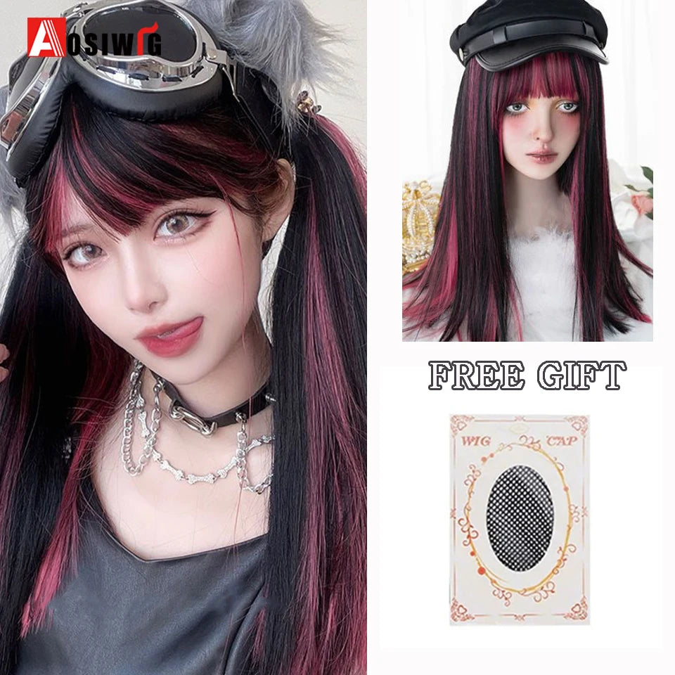 AOSIWIG Y2k Synthetic Long Straight Lolita Harajuku Wig With Bangs Black Blue Daily Cosplay Party Hair