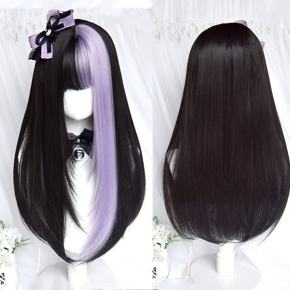 AOSIWIG Y2k Synthetic Long Straight Lolita Harajuku Wig With Bangs Black Blue Daily Cosplay Party Hair