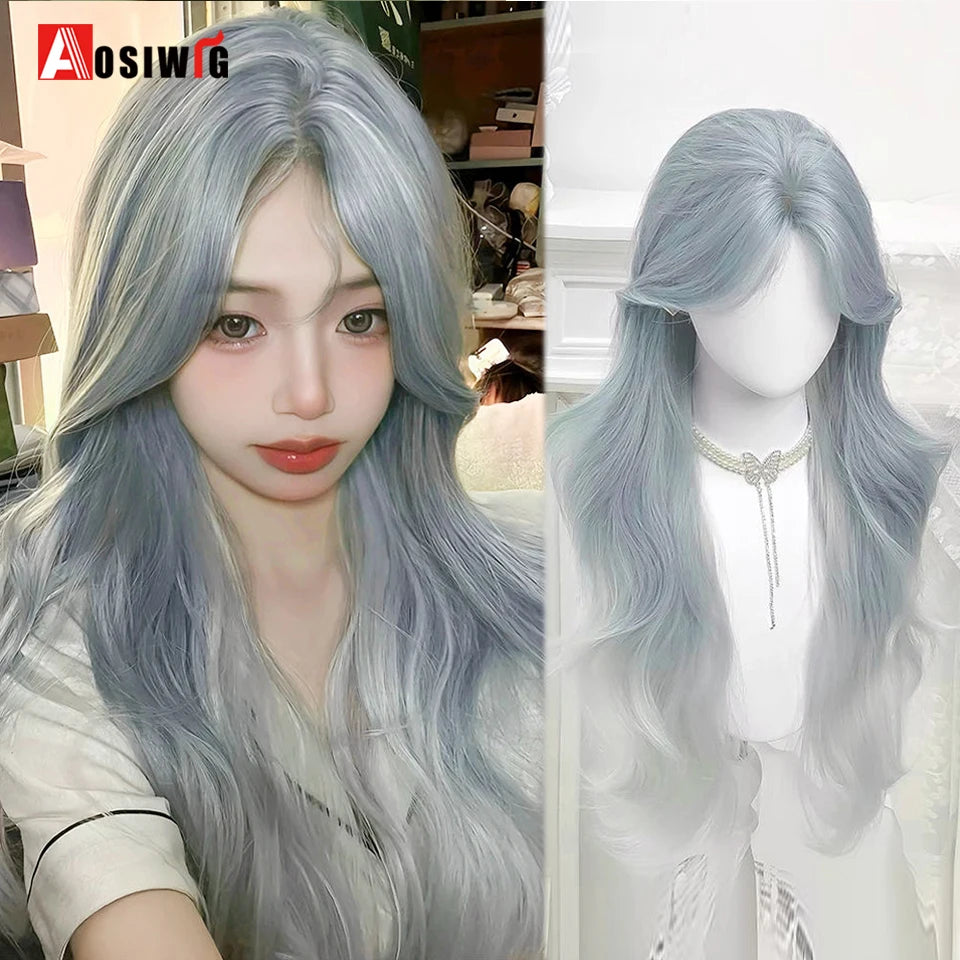 AOSIWIG Y2k Synthetic Long Straight Lolita Harajuku Wig With Bangs Black Blue Daily Cosplay Party Hair