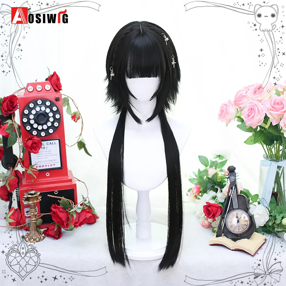 AOSIWIG Y2k Synthetic Long Straight Lolita Harajuku Wig With Bangs Black Blue Daily Cosplay Party Hair