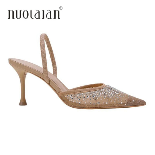 2024 Women High Heels Sandals Summer Fashion Mesh Rhinestone Slingback Woman Pumps Elegant Woman Sandals Party Lady Shoes