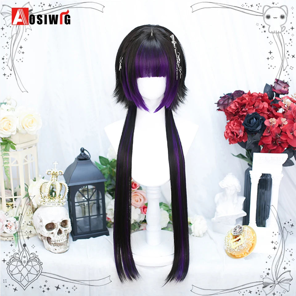 AOSIWIG Y2k Synthetic Long Straight Lolita Harajuku Wig With Bangs Black Blue Daily Cosplay Party Hair