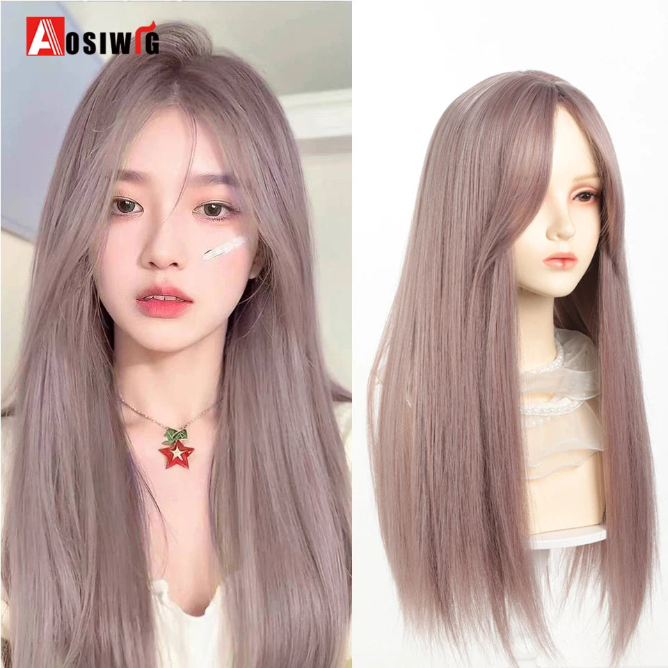 AOSIWIG Y2k Synthetic Long Straight Lolita Harajuku Wig With Bangs Black Blue Daily Cosplay Party Hair