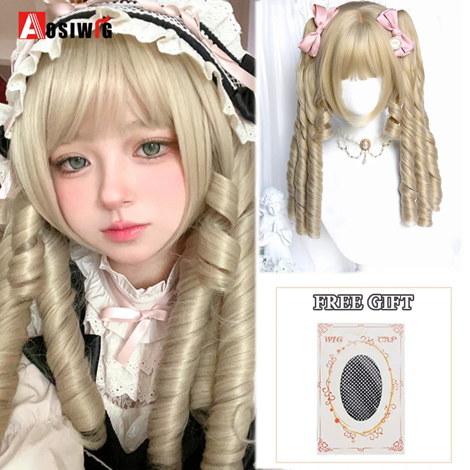 AOSIWIG Y2k Synthetic Long Straight Lolita Harajuku Wig With Bangs Black Blue Daily Cosplay Party Hair