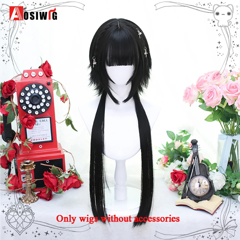 AOSIWIG Y2k Synthetic Long Straight Lolita Harajuku Wig With Bangs Black Blue Daily Cosplay Party Hair