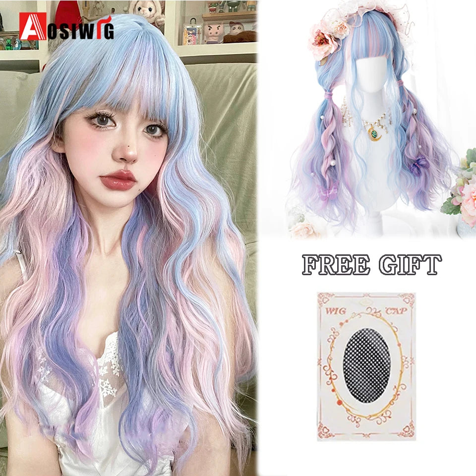 AOSIWIG Y2k Synthetic Long Straight Lolita Harajuku Wig With Bangs Black Blue Daily Cosplay Party Hair