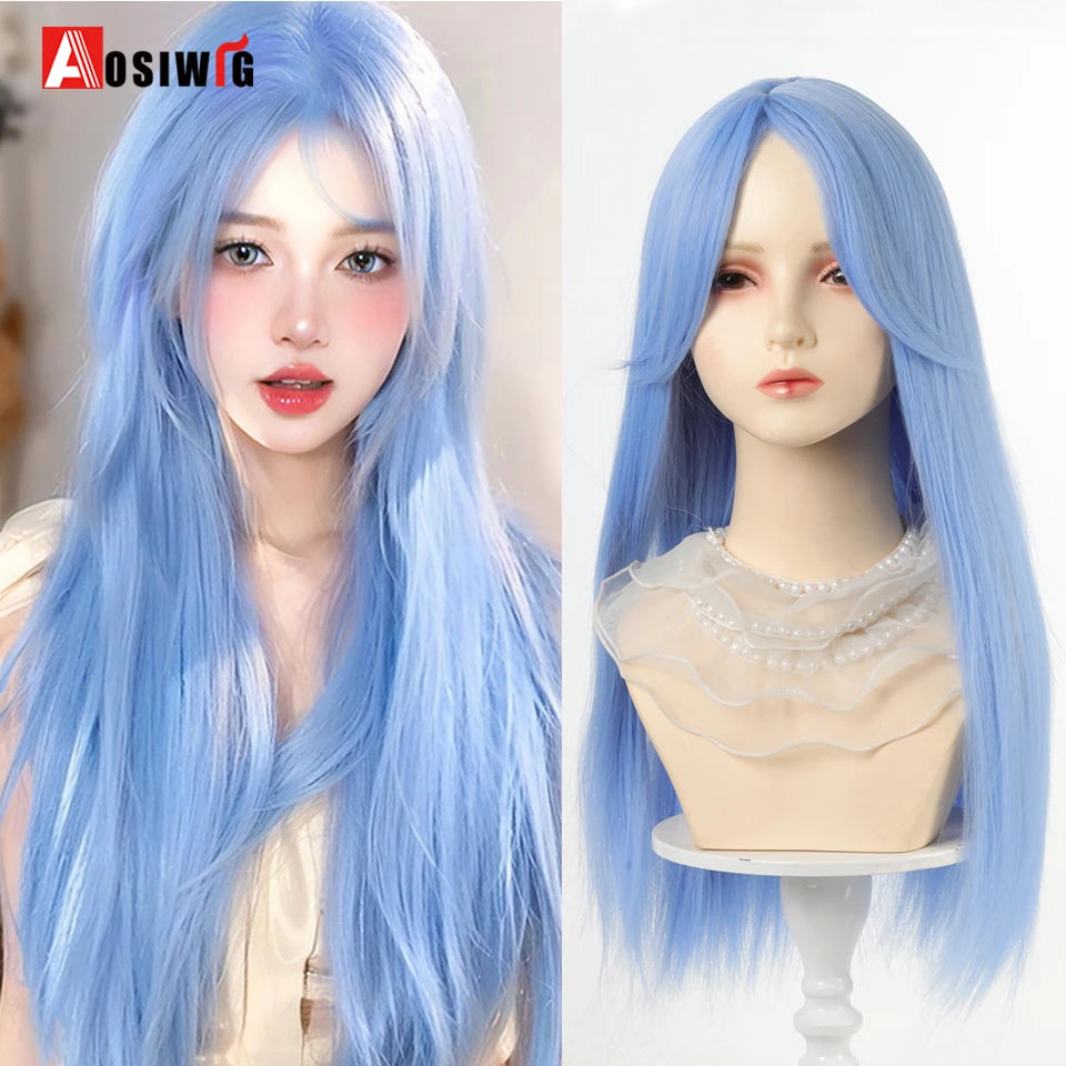 AOSIWIG Y2k Synthetic Long Straight Lolita Harajuku Wig With Bangs Black Blue Daily Cosplay Party Hair