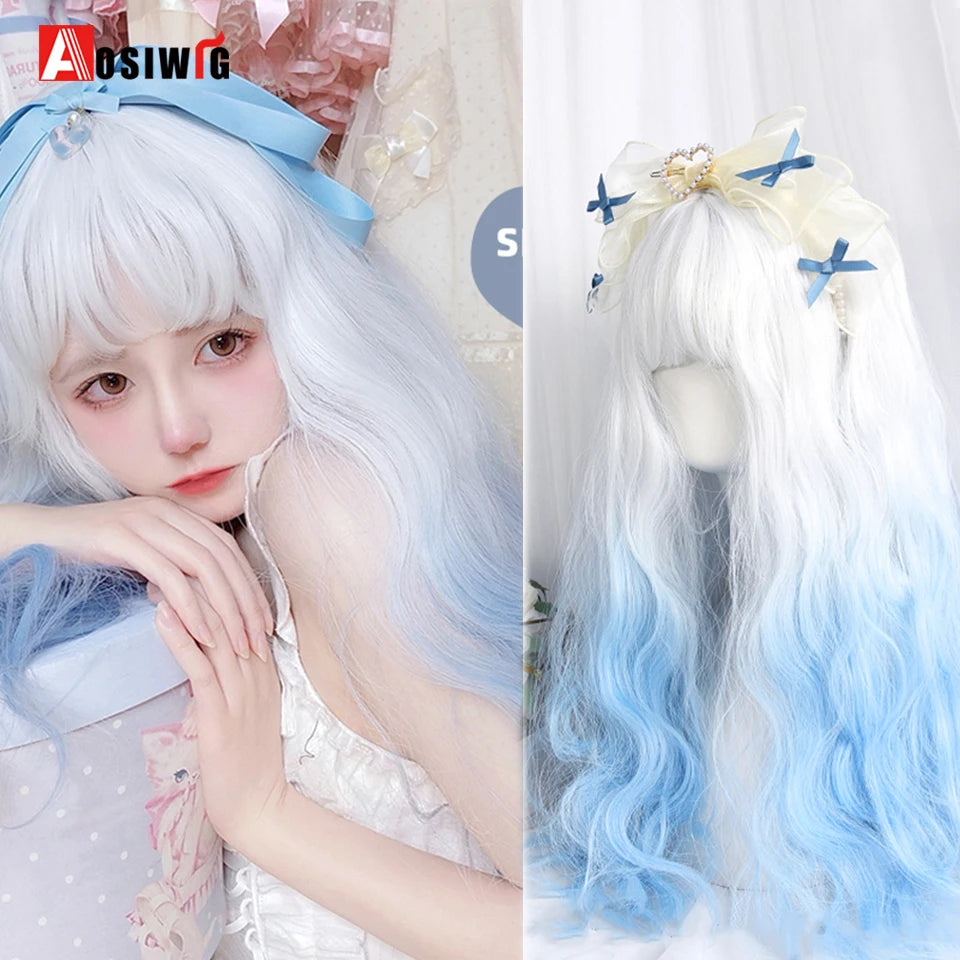 AOSIWIG Y2k Synthetic Long Straight Lolita Harajuku Wig With Bangs Black Blue Daily Cosplay Party Hair