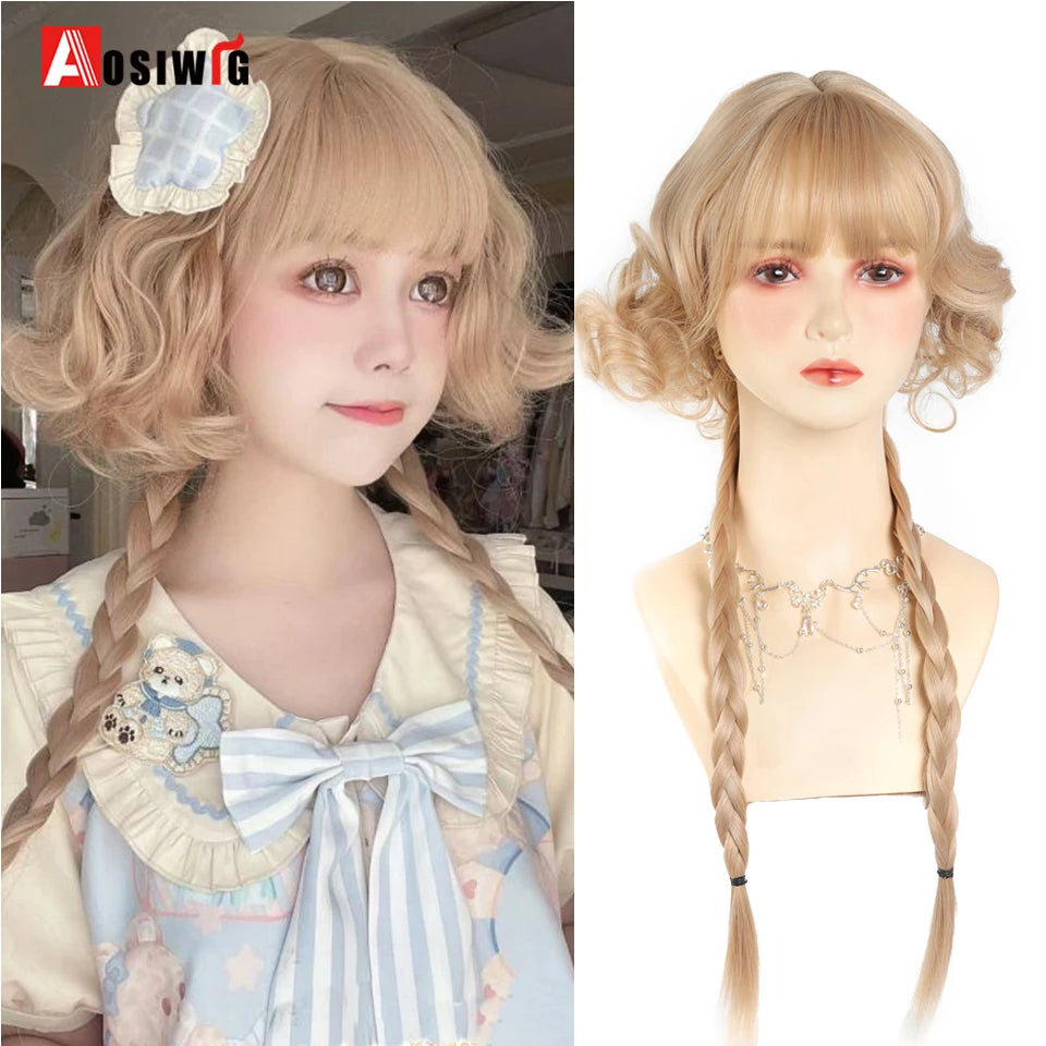 AOSIWIG Y2k Synthetic Long Straight Lolita Harajuku Wig With Bangs Black Blue Daily Cosplay Party Hair