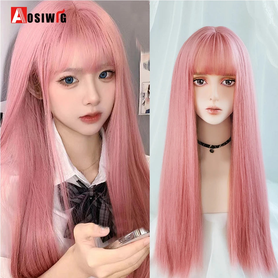 AOSIWIG Y2k Synthetic Long Straight Lolita Harajuku Wig With Bangs Black Blue Daily Cosplay Party Hair