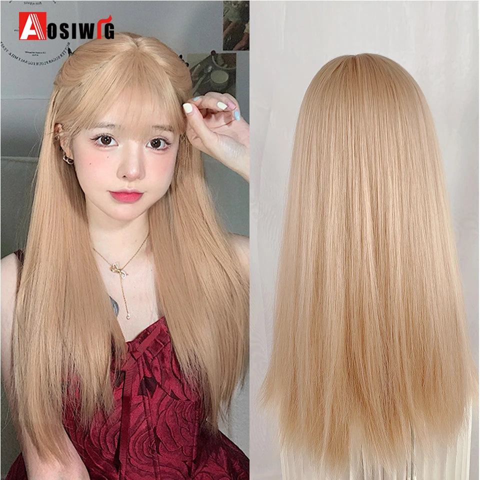 AOSIWIG Y2k Synthetic Long Straight Lolita Harajuku Wig With Bangs Black Blue Daily Cosplay Party Hair