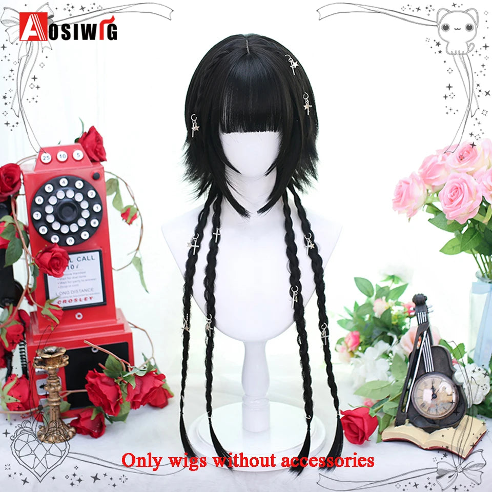 AOSIWIG Y2k Synthetic Long Straight Lolita Harajuku Wig With Bangs Black Blue Daily Cosplay Party Hair