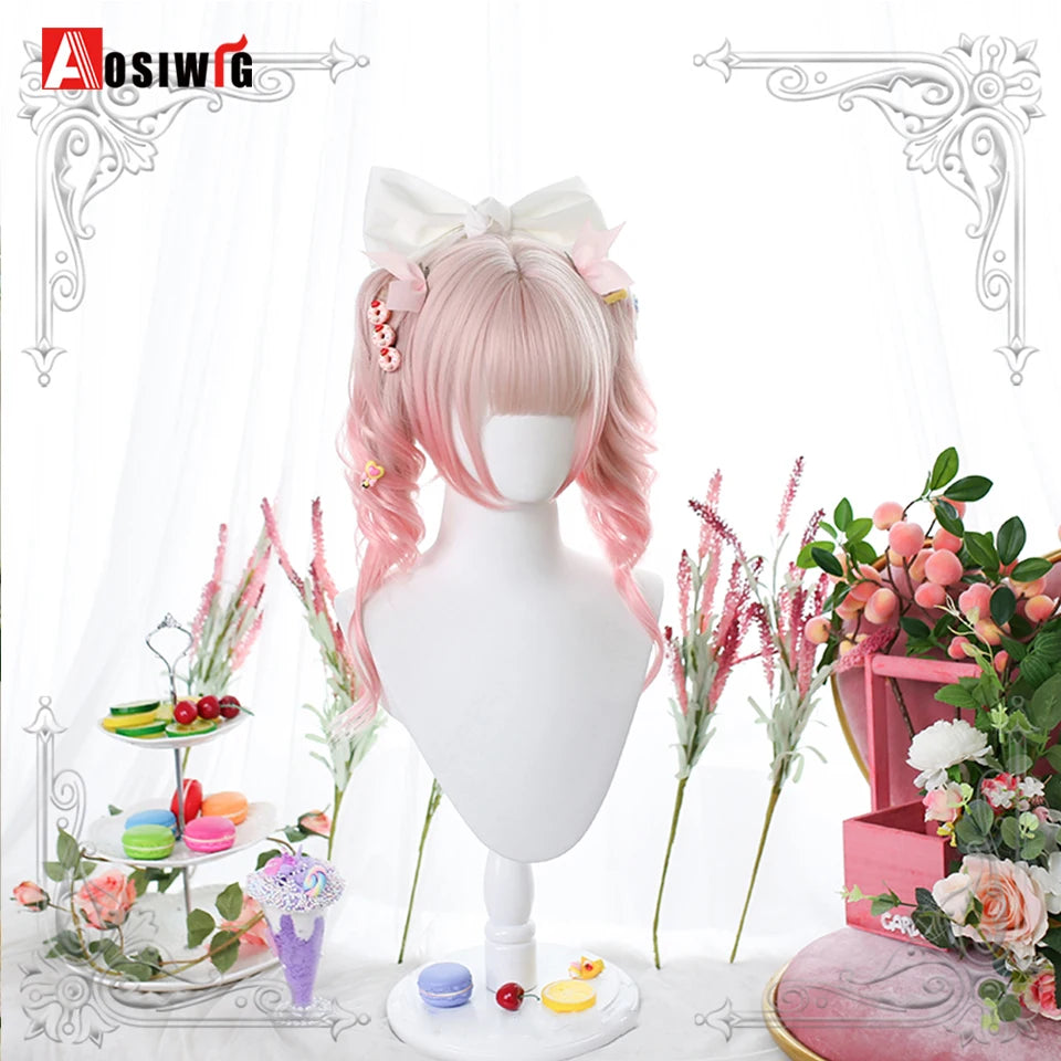 AOSIWIG Y2k Synthetic Long Straight Lolita Harajuku Wig With Bangs Black Blue Daily Cosplay Party Hair