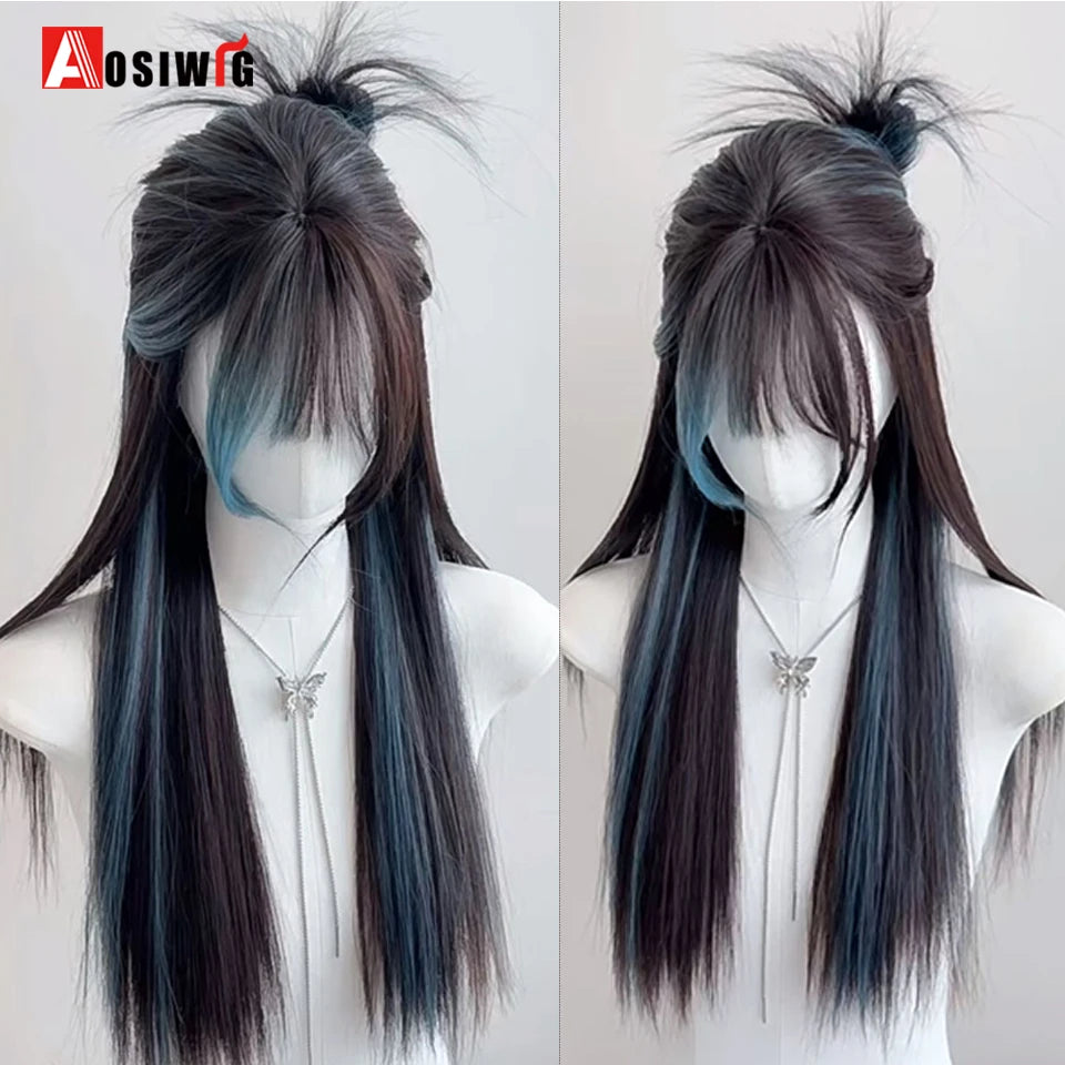 AOSIWIG Y2k Synthetic Long Straight Lolita Harajuku Wig With Bangs Black Blue Daily Cosplay Party Hair