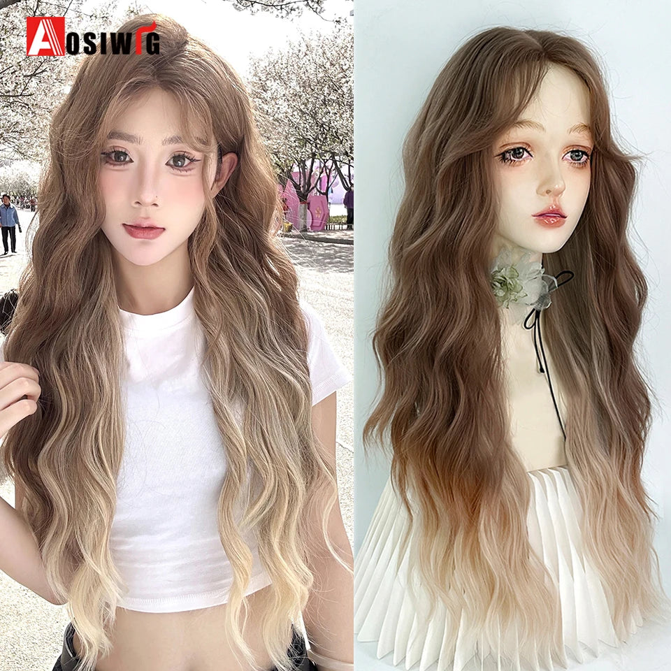 AOSIWIG Y2k Synthetic Long Straight Lolita Harajuku Wig With Bangs Black Blue Daily Cosplay Party Hair