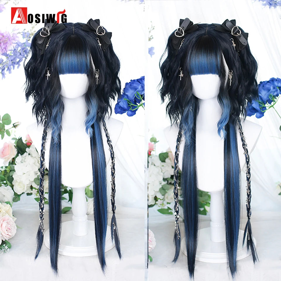 AOSIWIG Y2k Synthetic Long Straight Lolita Harajuku Wig With Bangs Black Blue Daily Cosplay Party Hair