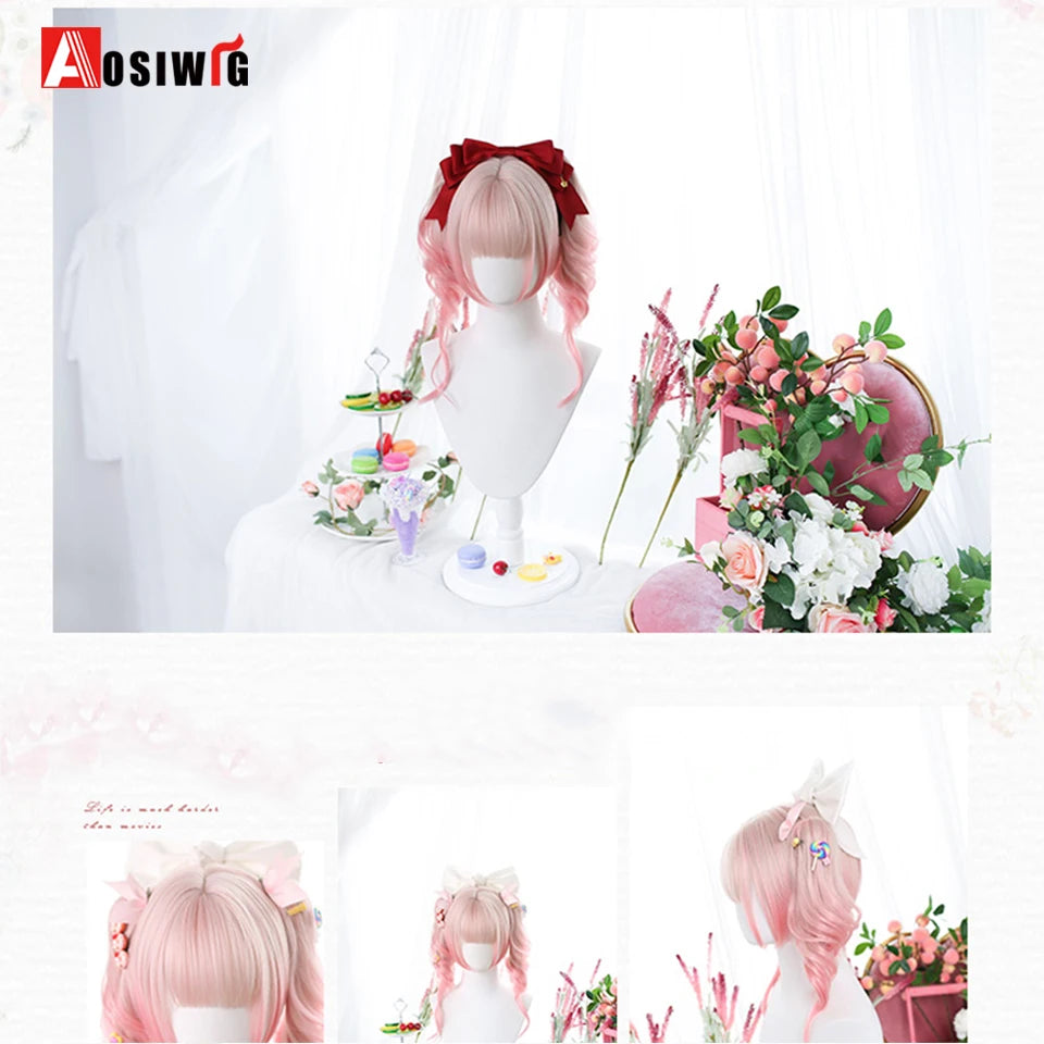 AOSIWIG Y2k Synthetic Long Straight Lolita Harajuku Wig With Bangs Black Blue Daily Cosplay Party Hair