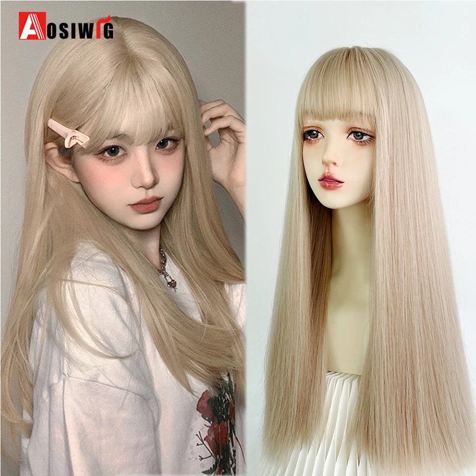 AOSIWIG Y2k Synthetic Long Straight Lolita Harajuku Wig With Bangs Black Blue Daily Cosplay Party Hair