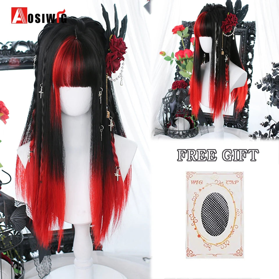 AOSIWIG Y2k Synthetic Long Straight Lolita Harajuku Wig With Bangs Black Blue Daily Cosplay Party Hair