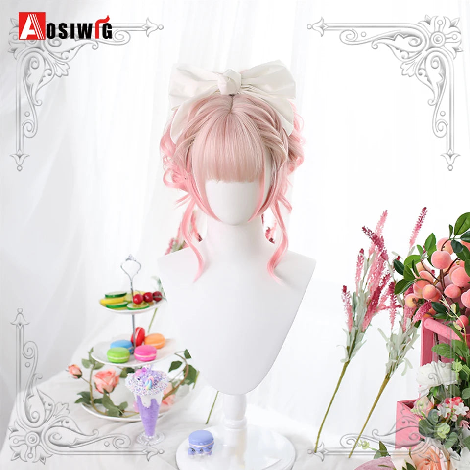 AOSIWIG Y2k Synthetic Long Straight Lolita Harajuku Wig With Bangs Black Blue Daily Cosplay Party Hair