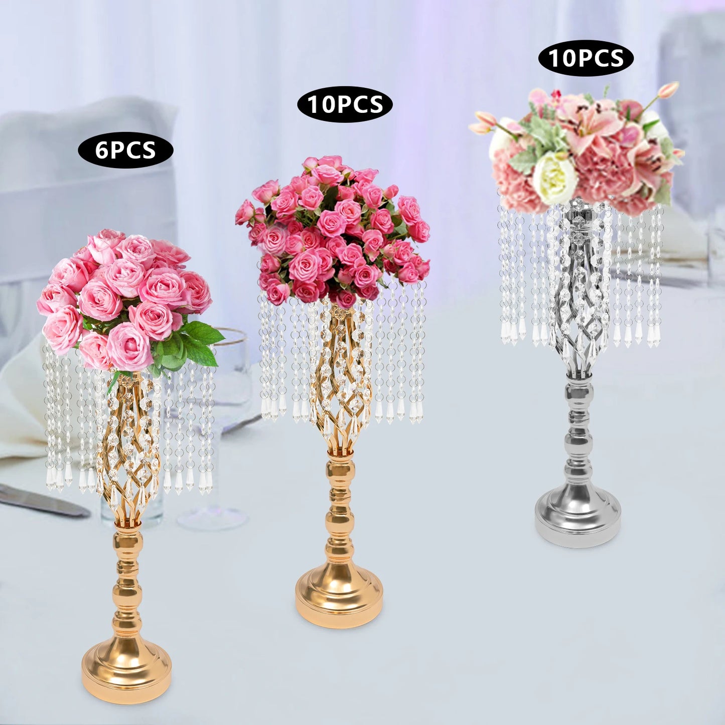 Crystal Flower Stand Wedding Flower Holders Centerpiece Crystal Metal Flower Vase for Reception Tables Wedding Supplies 6/10pcs