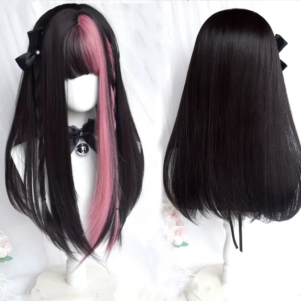 AOSIWIG Y2k Synthetic Long Straight Lolita Harajuku Wig With Bangs Black Blue Daily Cosplay Party Hair