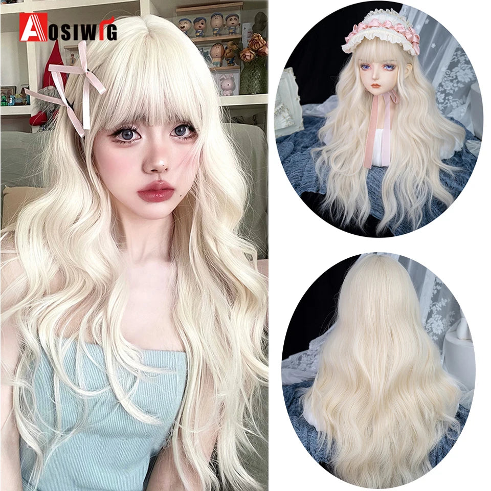 AOSIWIG Y2k Synthetic Long Straight Lolita Harajuku Wig With Bangs Black Blue Daily Cosplay Party Hair