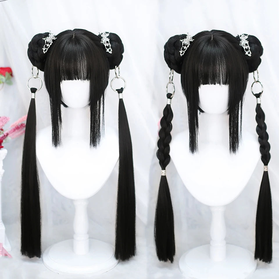 AOSIWIG Y2k Synthetic Long Straight Lolita Harajuku Wig With Bangs Black Blue Daily Cosplay Party Hair