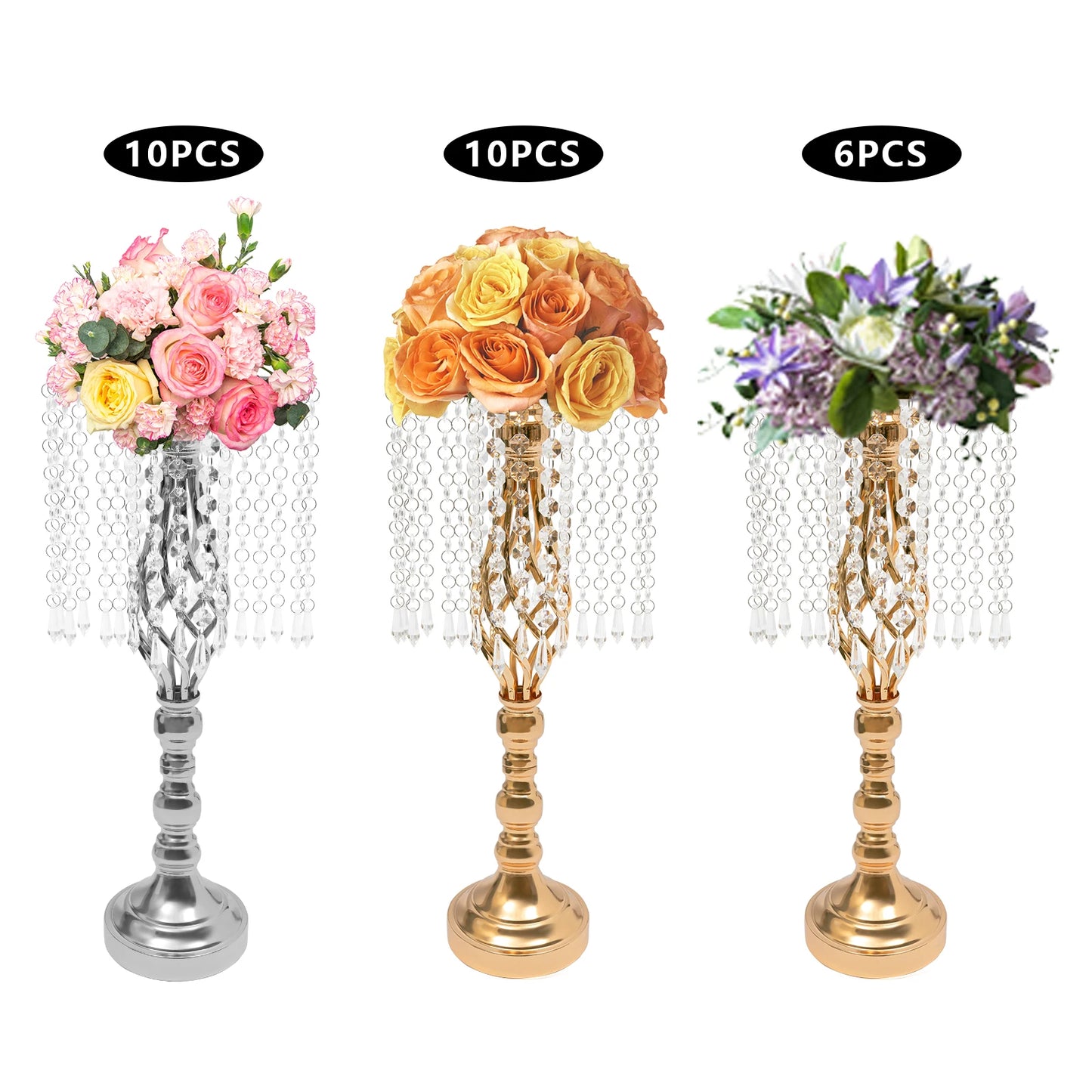 Crystal Flower Stand Wedding Flower Holders Centerpiece Crystal Metal Flower Vase for Reception Tables Wedding Supplies 6/10pcs