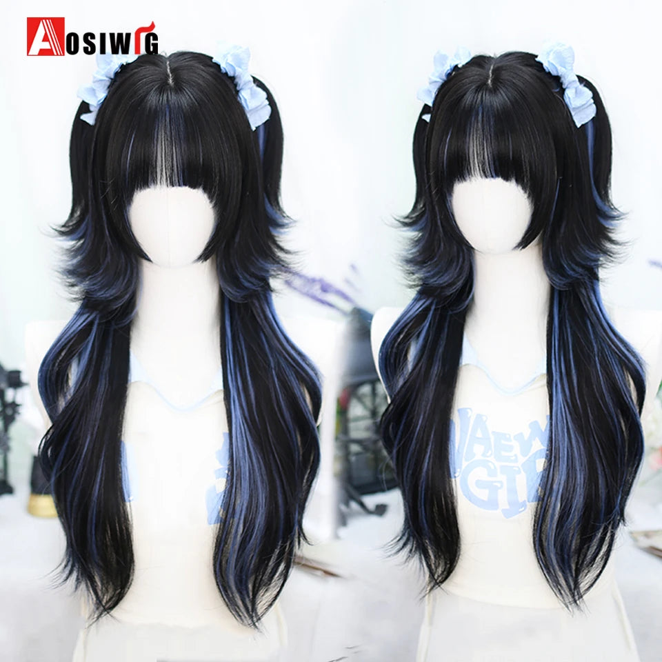 AOSIWIG Y2k Synthetic Long Straight Lolita Harajuku Wig With Bangs Black Blue Daily Cosplay Party Hair