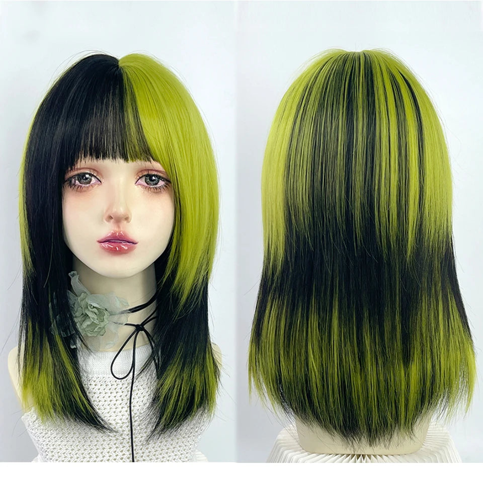 AOSIWIG Y2k Synthetic Long Straight Lolita Harajuku Wig With Bangs Black Blue Daily Cosplay Party Hair