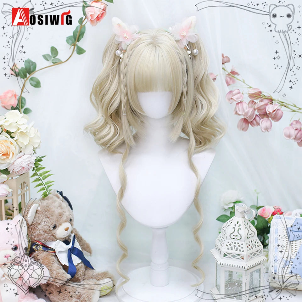 AOSIWIG Y2k Synthetic Long Straight Lolita Harajuku Wig With Bangs Black Blue Daily Cosplay Party Hair