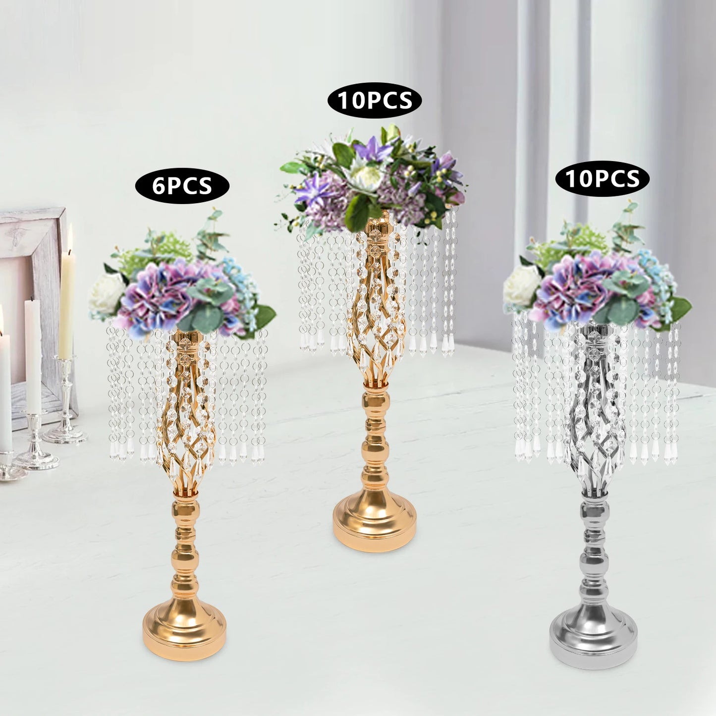 Crystal Flower Stand Wedding Flower Holders Centerpiece Crystal Metal Flower Vase for Reception Tables Wedding Supplies 6/10pcs