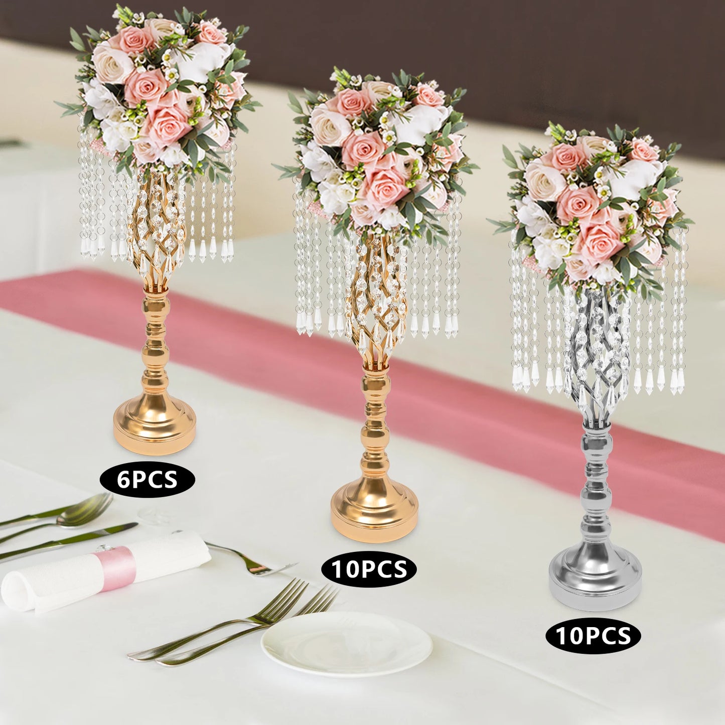 Crystal Flower Stand Wedding Flower Holders Centerpiece Crystal Metal Flower Vase for Reception Tables Wedding Supplies 6/10pcs