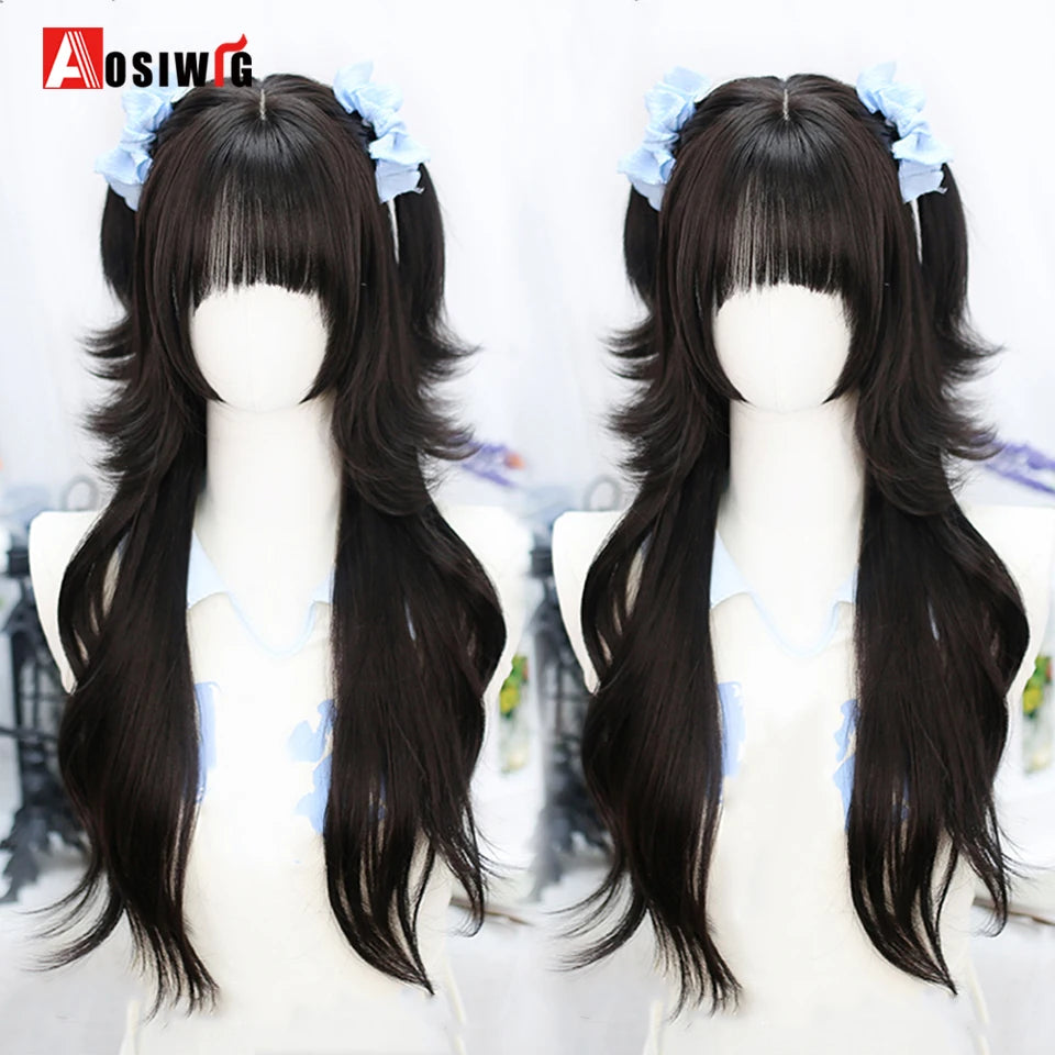 AOSIWIG Y2k Synthetic Long Straight Lolita Harajuku Wig With Bangs Black Blue Daily Cosplay Party Hair