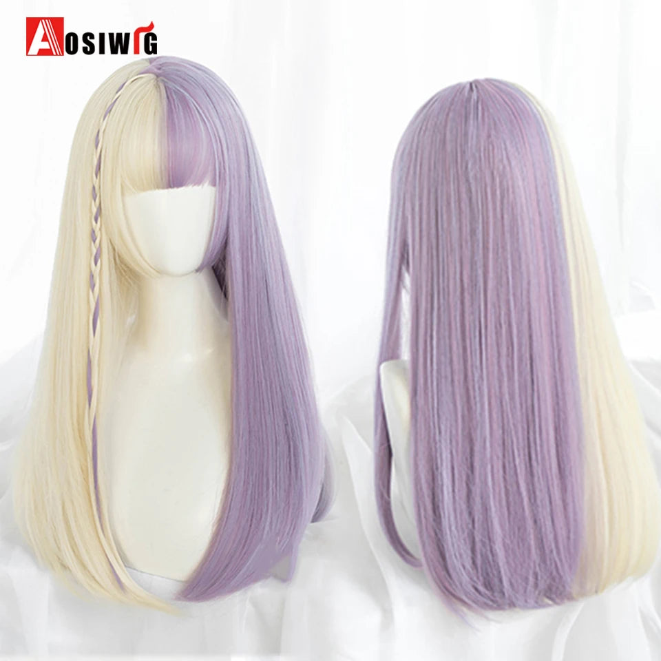 AOSIWIG Y2k Synthetic Long Straight Lolita Harajuku Wig With Bangs Black Blue Daily Cosplay Party Hair