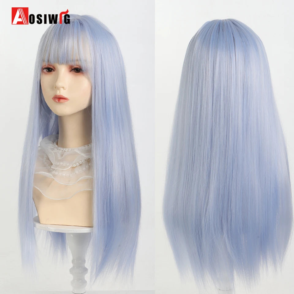 AOSIWIG Y2k Synthetic Long Straight Lolita Harajuku Wig With Bangs Black Blue Daily Cosplay Party Hair