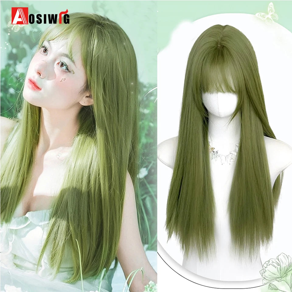 AOSIWIG Y2k Synthetic Long Straight Lolita Harajuku Wig With Bangs Black Blue Daily Cosplay Party Hair