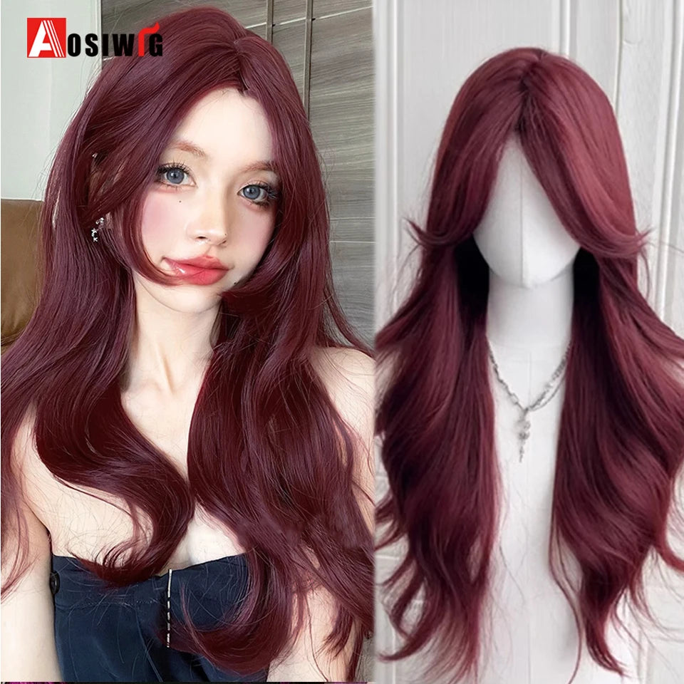 AOSIWIG Y2k Synthetic Long Straight Lolita Harajuku Wig With Bangs Black Blue Daily Cosplay Party Hair