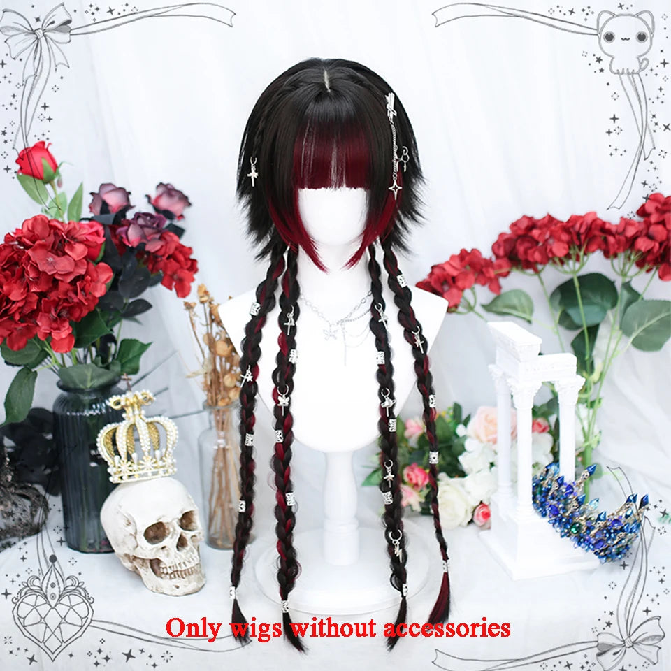 AOSIWIG Y2k Synthetic Long Straight Lolita Harajuku Wig With Bangs Black Blue Daily Cosplay Party Hair