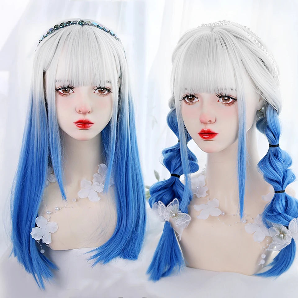 AOSIWIG Y2k Synthetic Long Straight Lolita Harajuku Wig With Bangs Black Blue Daily Cosplay Party Hair