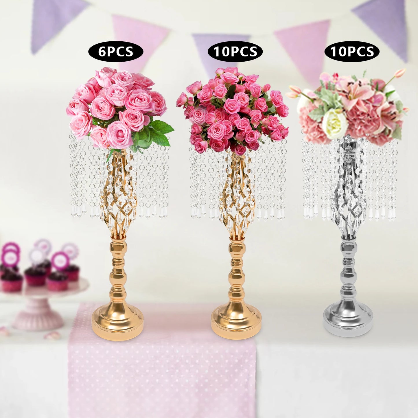 Crystal Flower Stand Wedding Flower Holders Centerpiece Crystal Metal Flower Vase for Reception Tables Wedding Supplies 6/10pcs