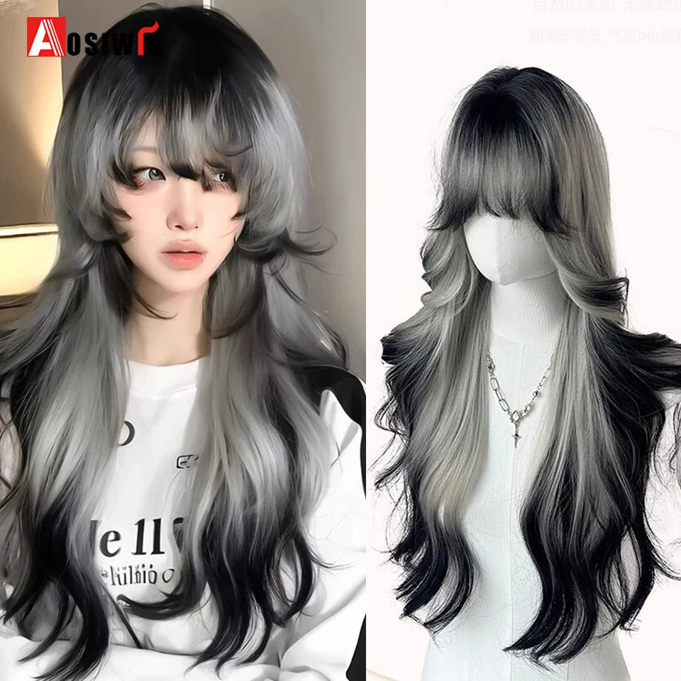 AOSIWIG Y2k Synthetic Long Straight Lolita Harajuku Wig With Bangs Black Blue Daily Cosplay Party Hair