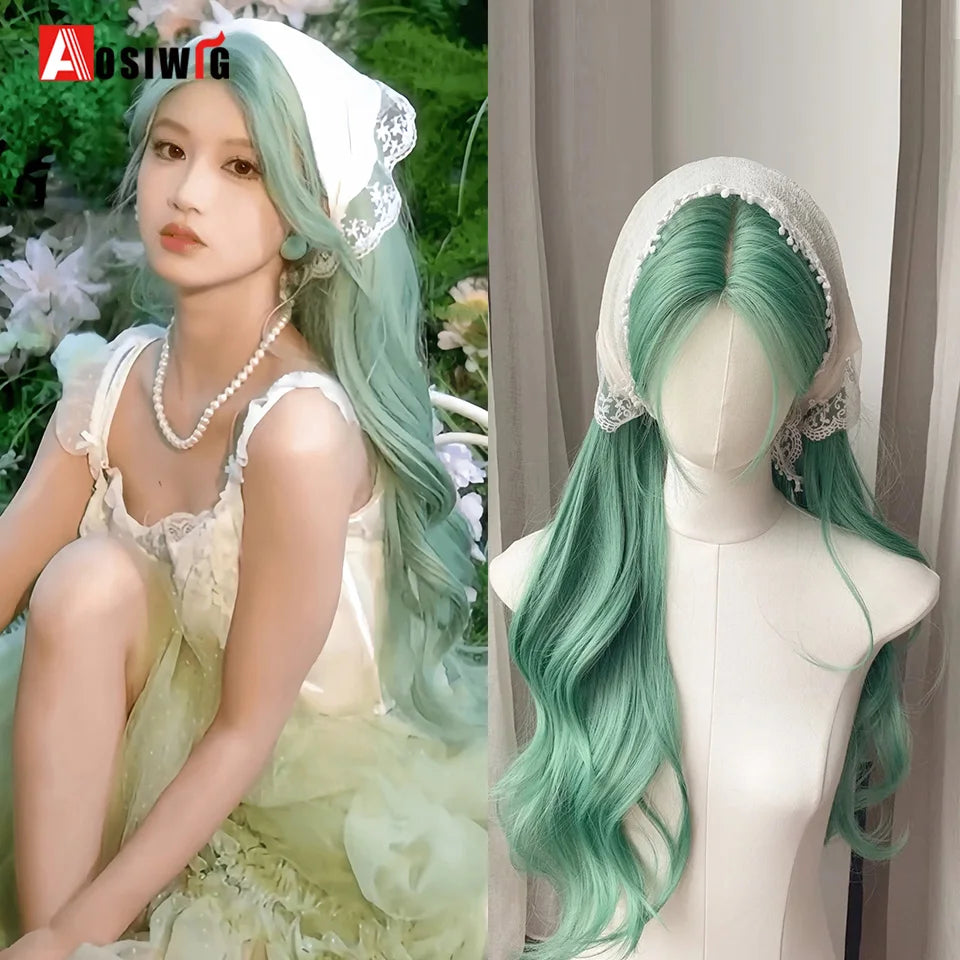 AOSIWIG Y2k Synthetic Long Straight Lolita Harajuku Wig With Bangs Black Blue Daily Cosplay Party Hair