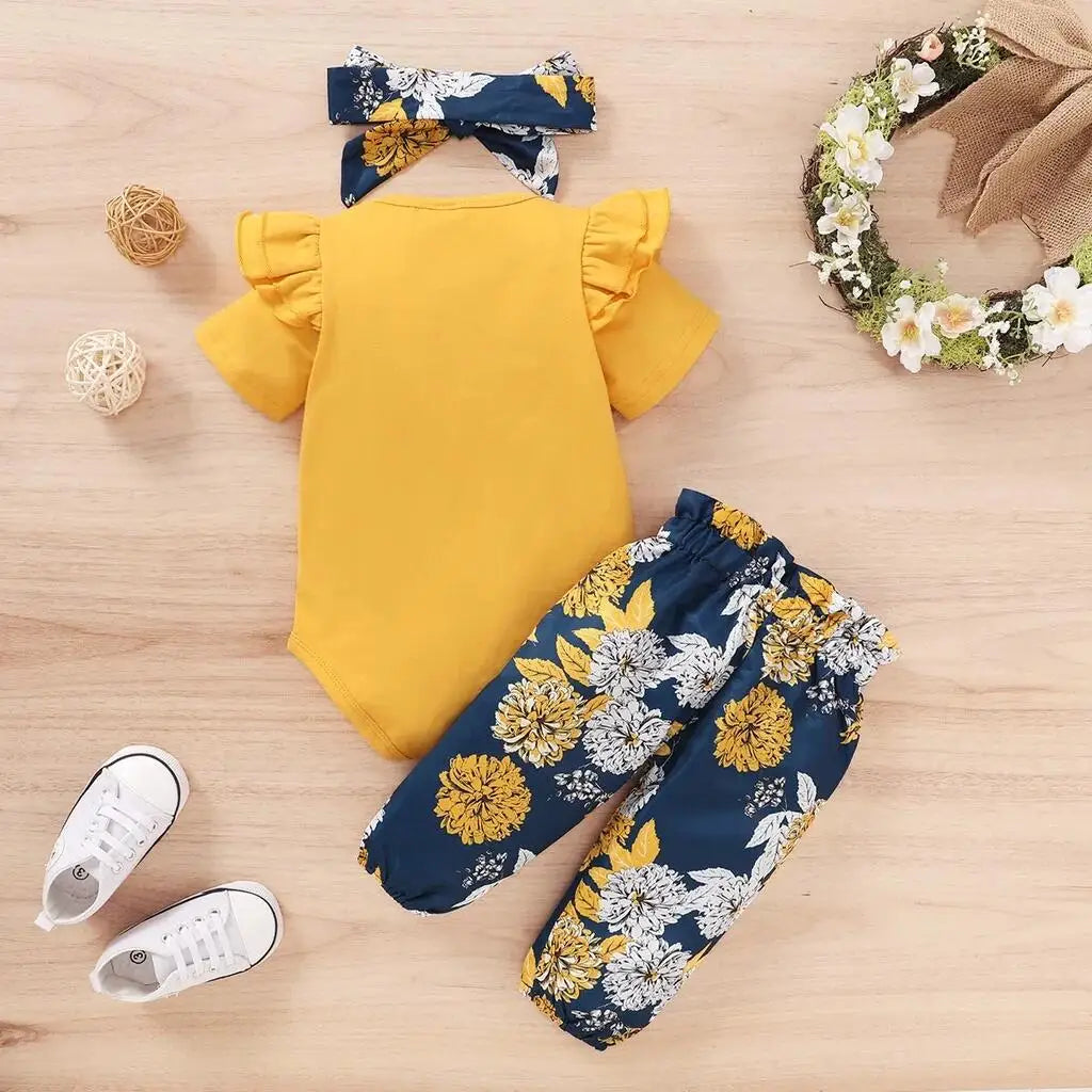 Newborn Baby Girls Clothing Set Short Sleeve Bodysuit +Floral Pants with Bow + Headband 3PCS Outfits Toddler Baby Girl Clothing