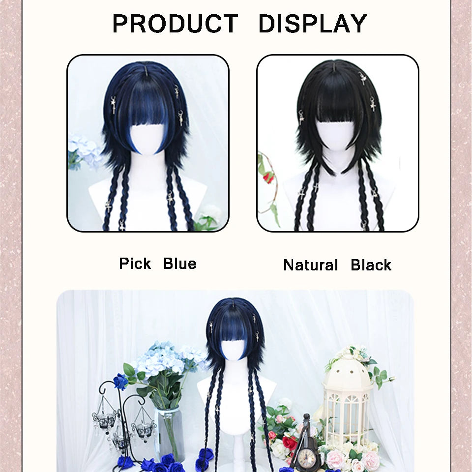 AOSIWIG Y2k Synthetic Long Straight Lolita Harajuku Wig With Bangs Black Blue Daily Cosplay Party Hair