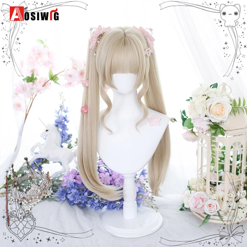 AOSIWIG Y2k Synthetic Long Straight Lolita Harajuku Wig With Bangs Black Blue Daily Cosplay Party Hair