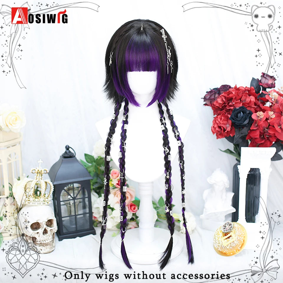 AOSIWIG Y2k Synthetic Long Straight Lolita Harajuku Wig With Bangs Black Blue Daily Cosplay Party Hair